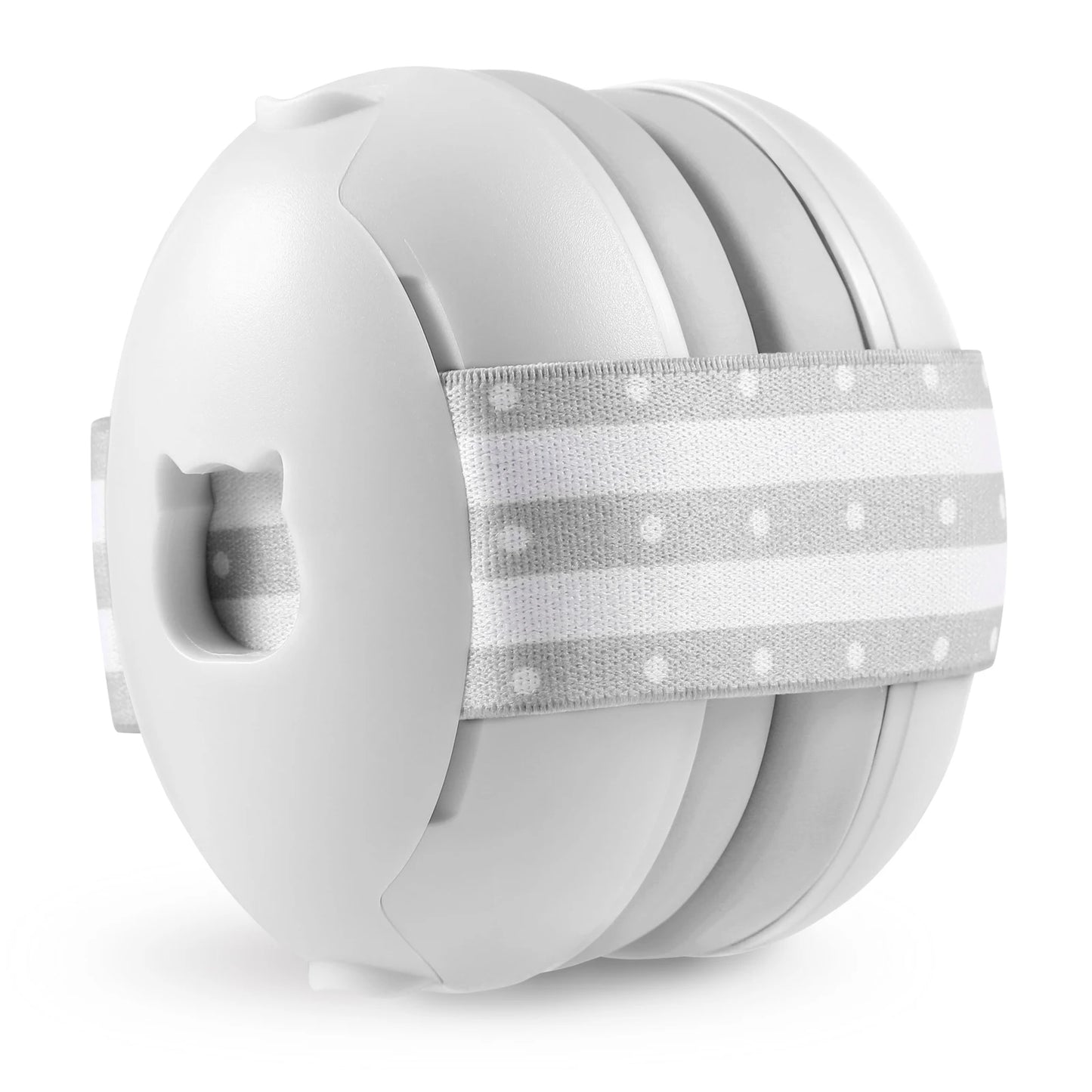 White headphones with a gray polka dot headband on a white background