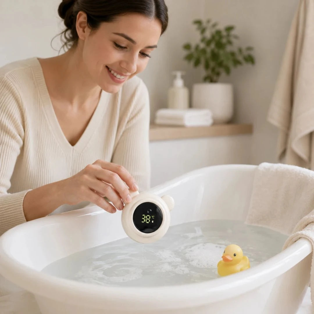 Bear bath thermometer in filled baby bathtub showing real-time water temperature