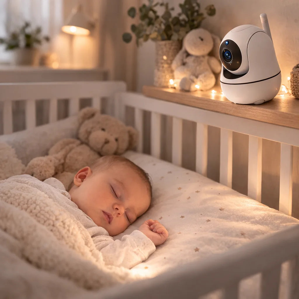 Baby sleeping in a crib with a teddy bear and a security camera on a shelf above.