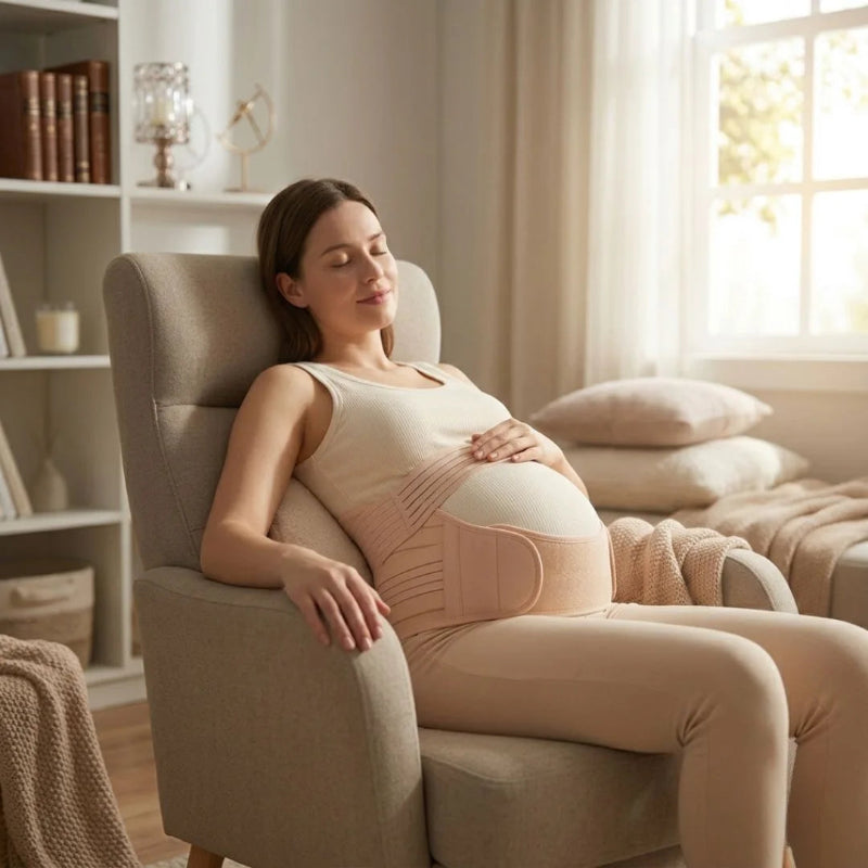Pregnant woman wearing a beige maternity support belt sitting in a chair.