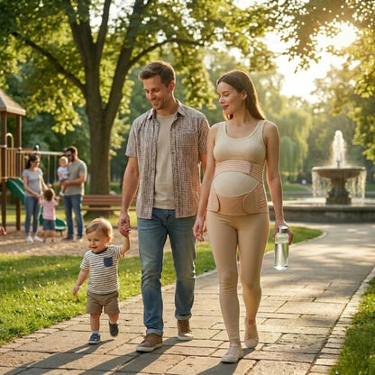 Pregnant woman walking with a child and partner in a park