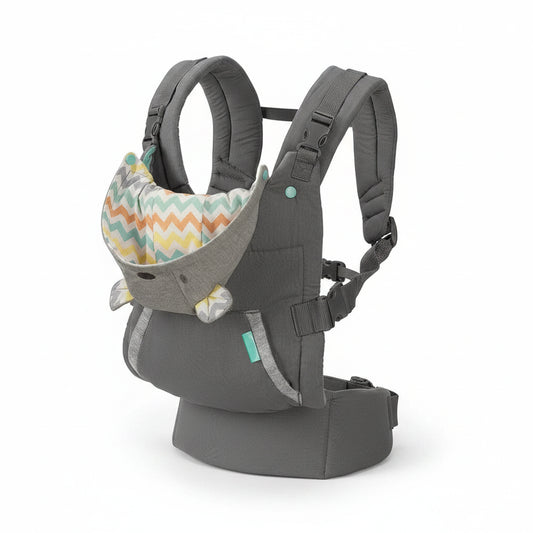 Gray baby carrier with colorful interior on a white background