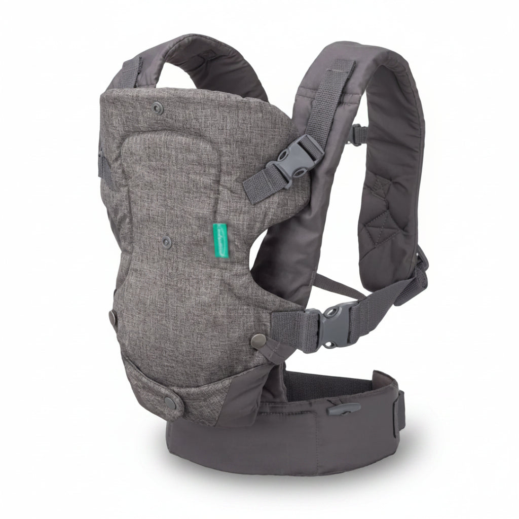 Gray baby carrier with a green tag on a white background