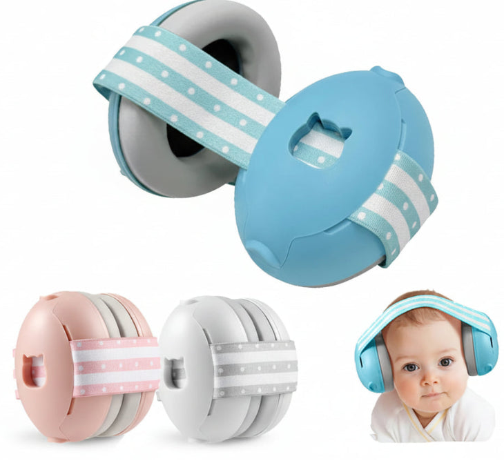 Set of colorful baby rattles with a baby wearing headphones on a white background