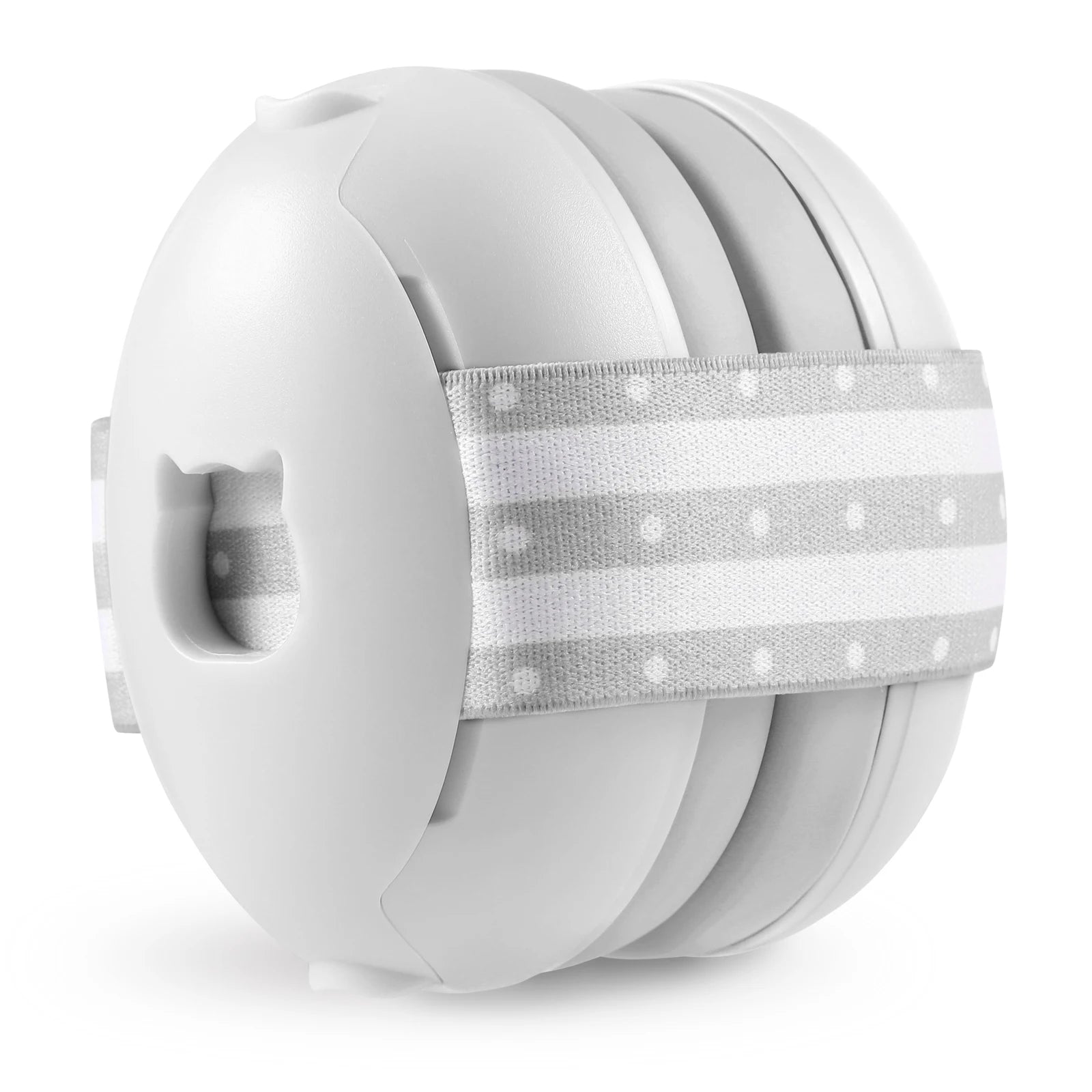 White headphones with a gray polka dot headband on a white background