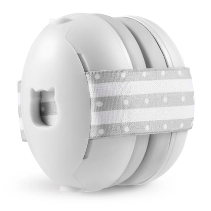 White headphones with a gray polka dot headband on a white background