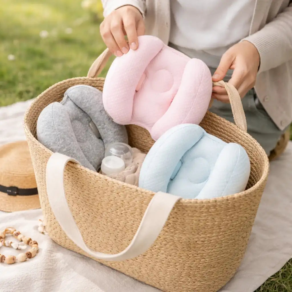 Display o 3 neck pillows in a basket