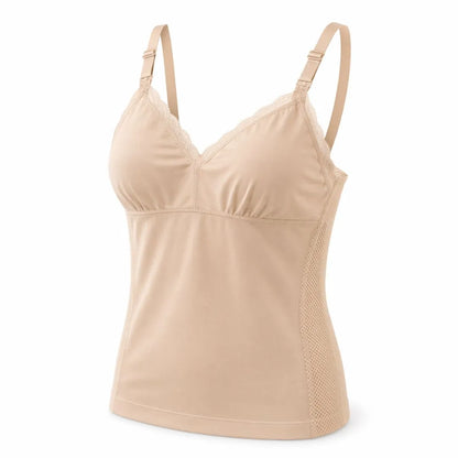 Beige seamless nursing top with lace trim, adjustable straps and mesh side panels