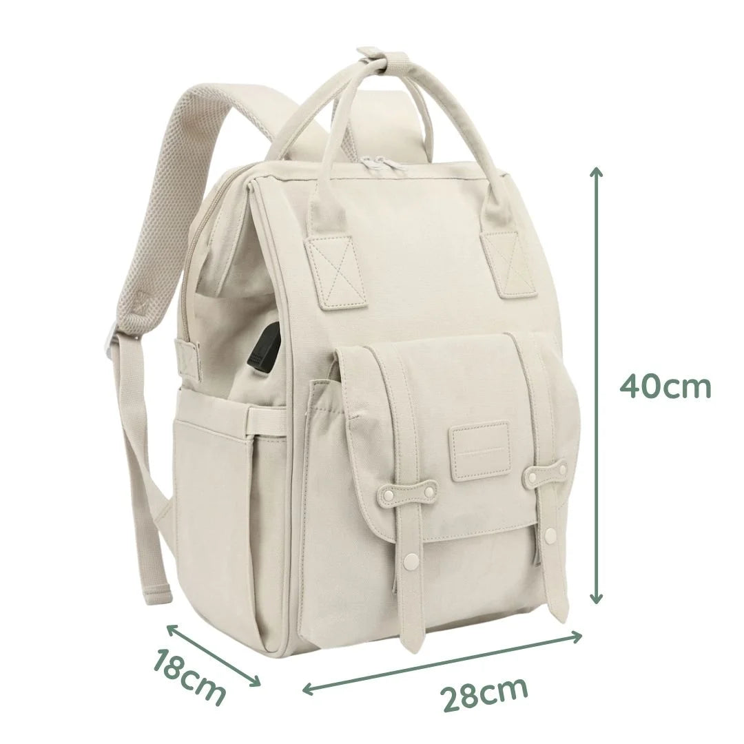 Beige backpack with dimensions indicated on a white background