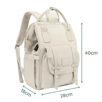 Beige backpack with dimensions indicated on a white background