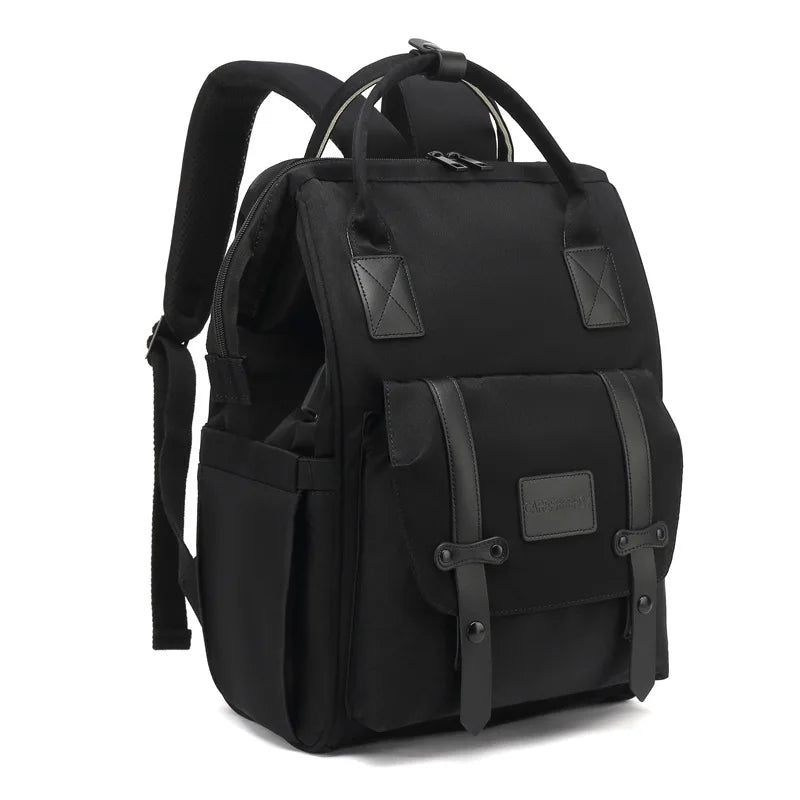 Black backpack with leather straps on a white background