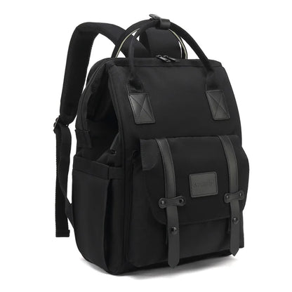 Black backpack with leather straps on a white background