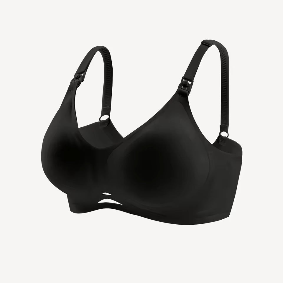 Black wire-free maternity bra with front-opening clasp