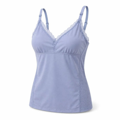 Blue seamless nursing top with lace trim, adjustable straps and mesh side panels