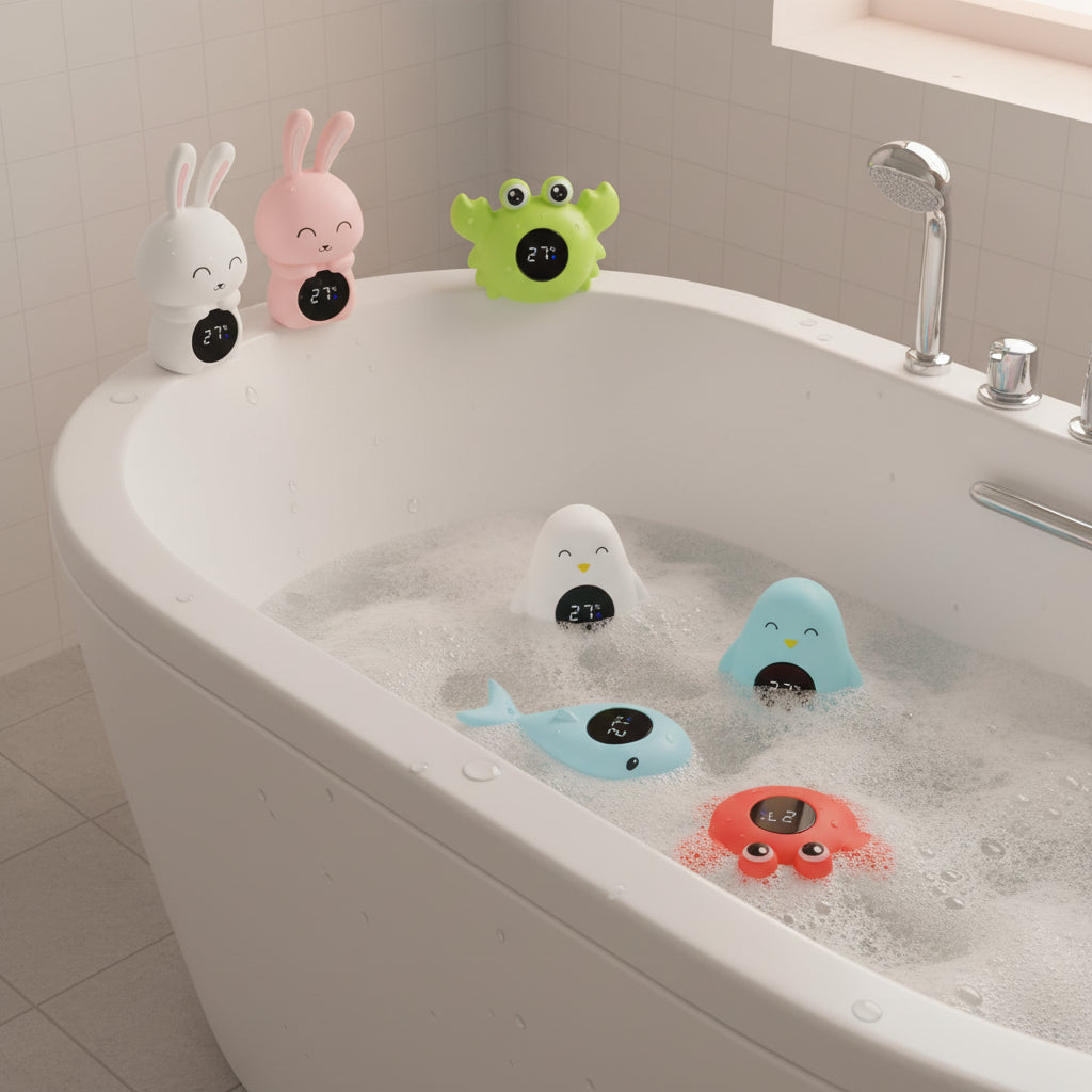 Set of colorful baby bath cartoon thermometers on a bathtub