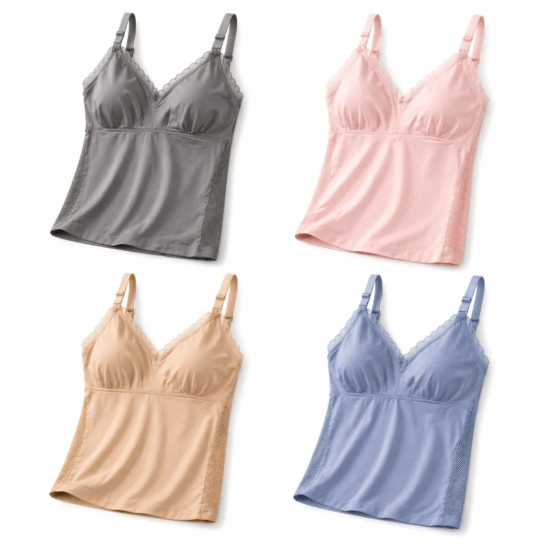 Seamless nursing tops in beige, pink, blue and grey shown together in a flat lay