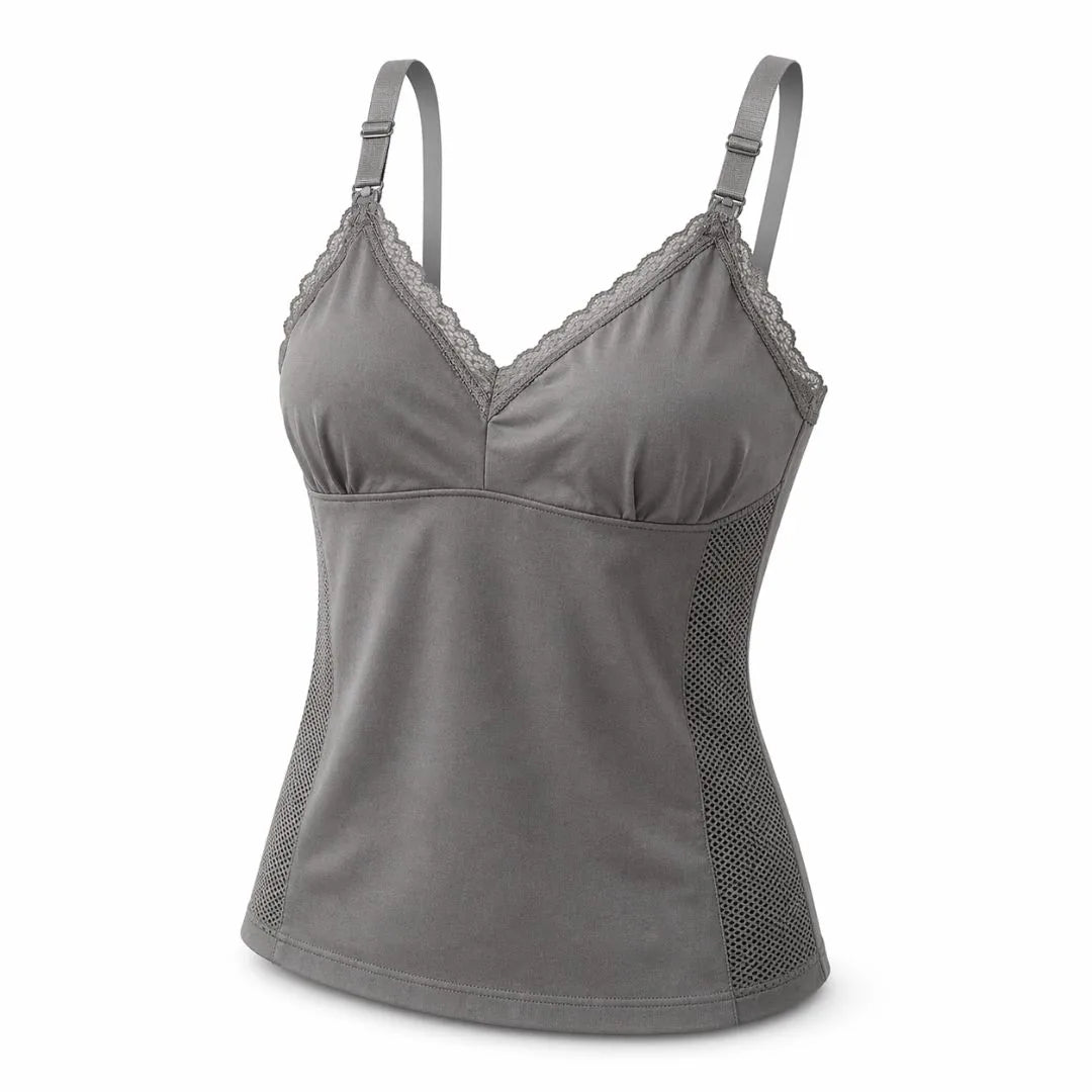 Grey seamless nursing top with lace trim, adjustable straps and mesh side panels