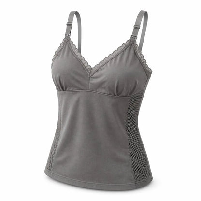 Grey seamless nursing top with lace trim, adjustable straps and mesh side panels