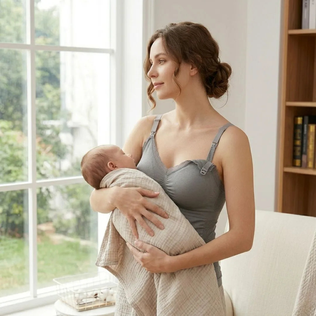 Mother holding her baby indoors while wearing a grey seamless nursing top with adjustable straps