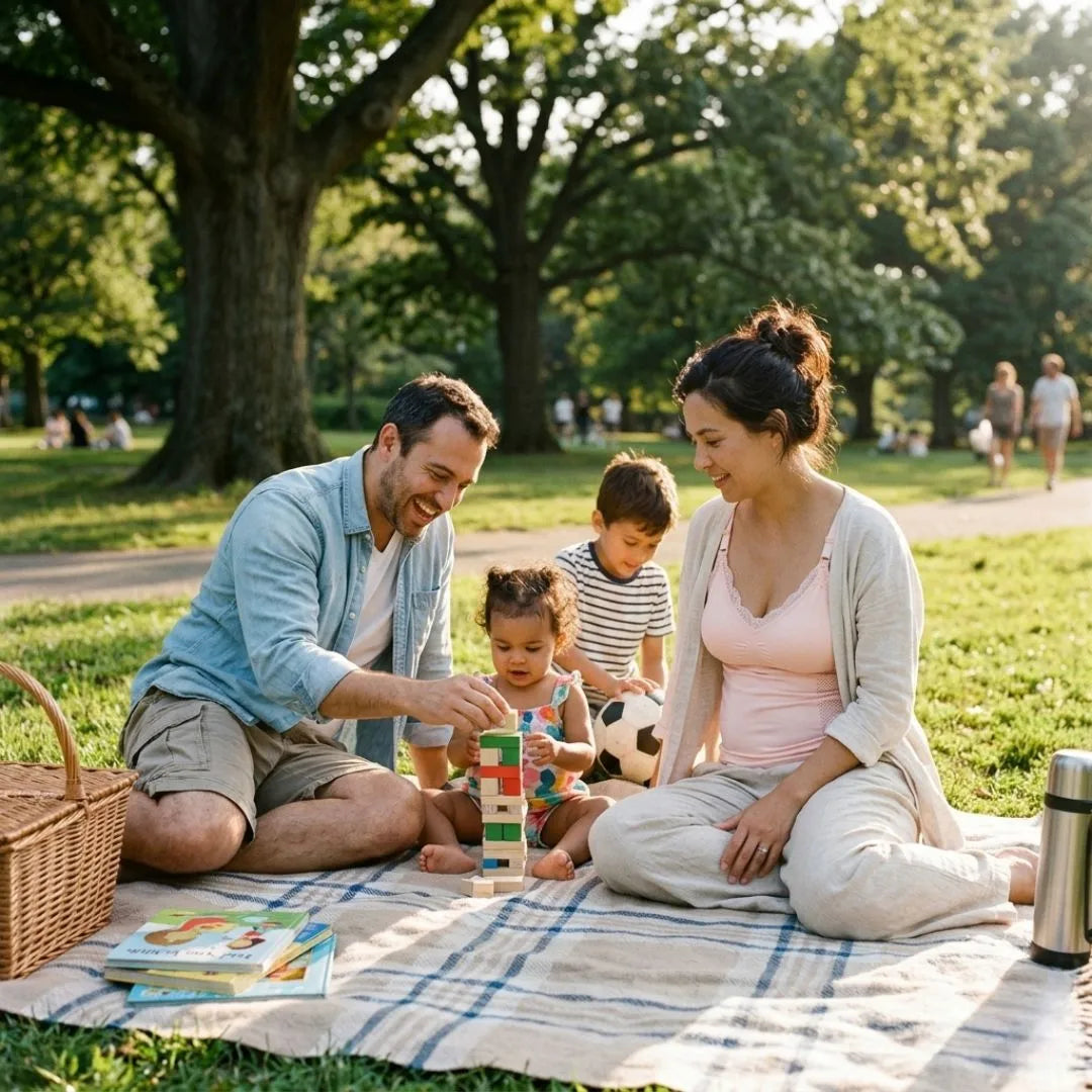 Mother wearing a pink seamless nursing top sitting on a picnic blanket with her family in the park