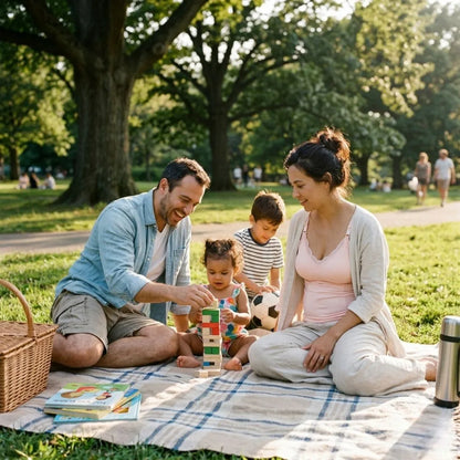 Mother wearing a pink seamless nursing top sitting on a picnic blanket with her family in the park