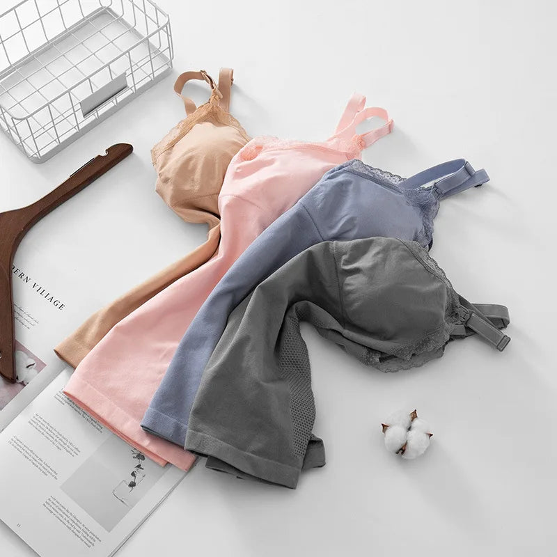 Seamless nursing tops in grey, pink, beige and blue shown in a four-colour product grid