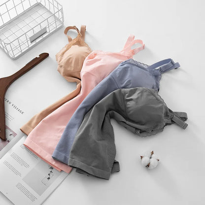 Seamless nursing tops in grey, pink, beige and blue shown in a four-colour product grid