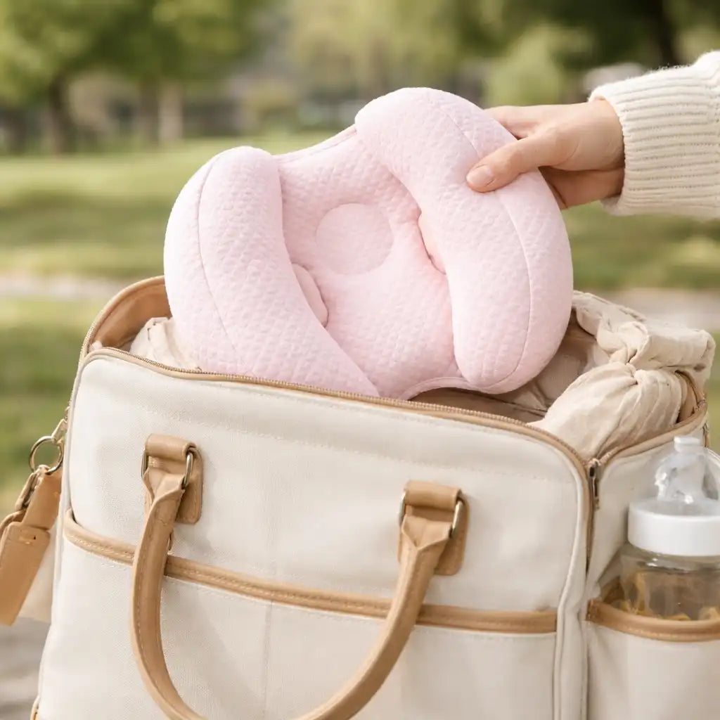 Pink baby pillow being placed into a beige diaper bag outdoors.