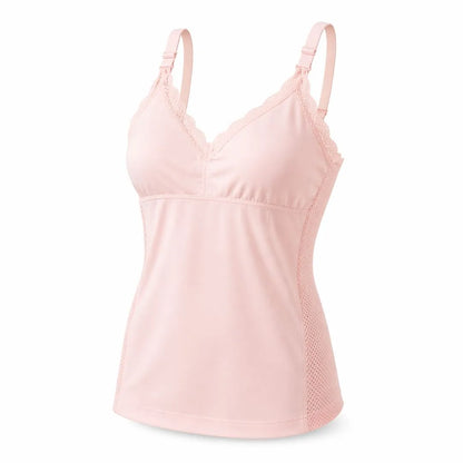 Pink seamless nursing top with lace trim, adjustable straps and mesh side panels