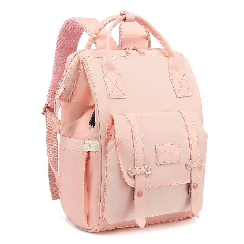 Pink backpack on a white background