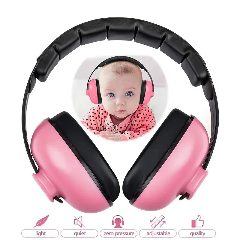 Pink and black children's ear protectors with a baby wearing them inset.