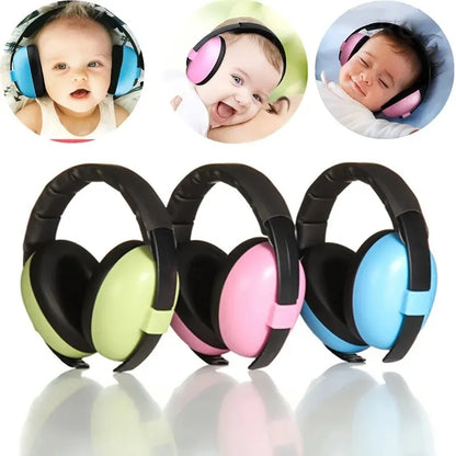 Three pairs of colorful baby headphones with inset images of babies wearing them.