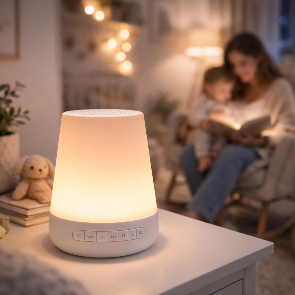 White night light on a table with a blurred background of a cozy room with a woman and child.