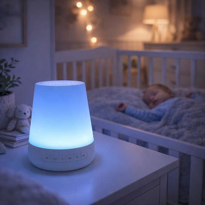 Color-changing night light on a dresser with a child sleeping in the background