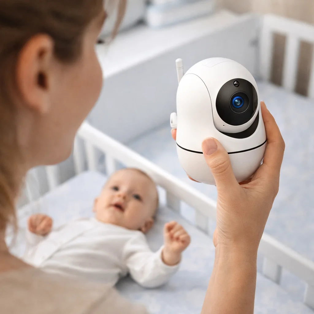 Person holding a baby monitor in front of a baby in a crib