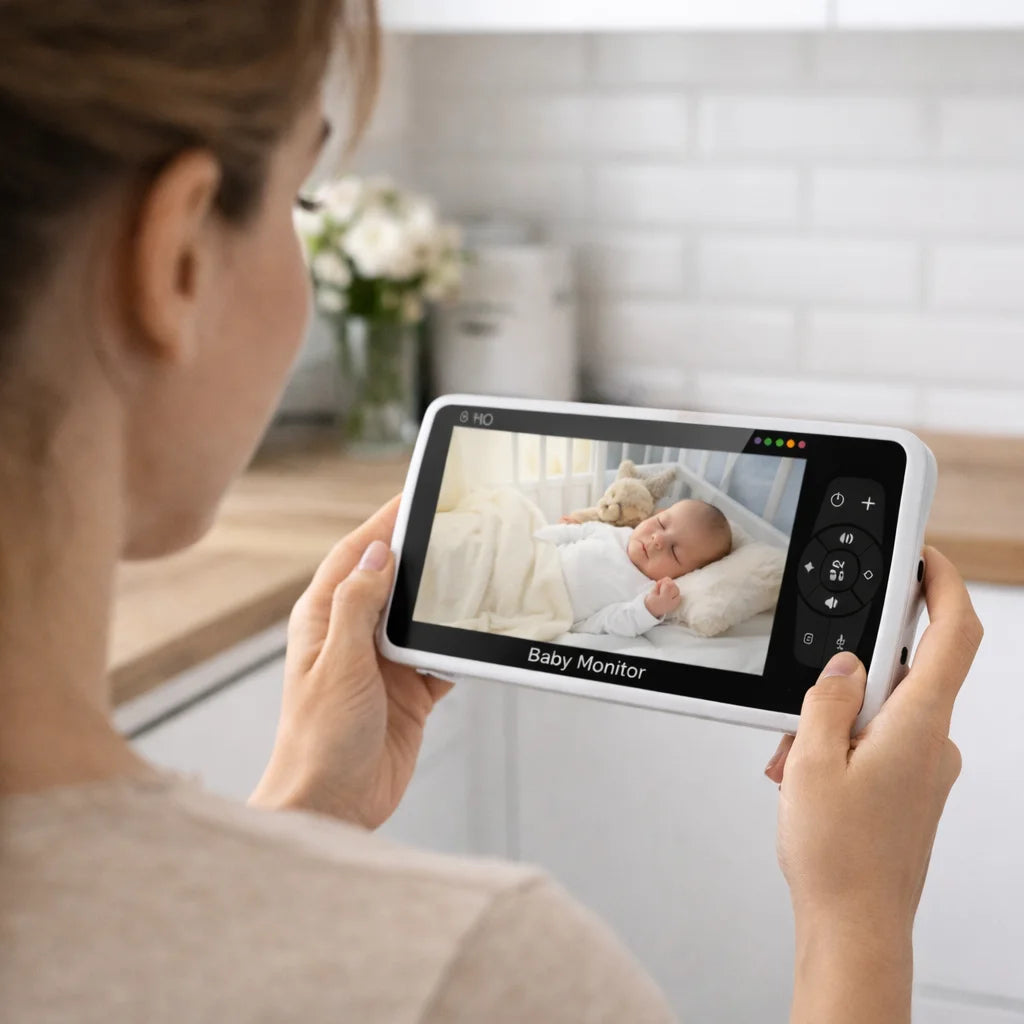 Person using a baby monitor to watch a baby in a crib