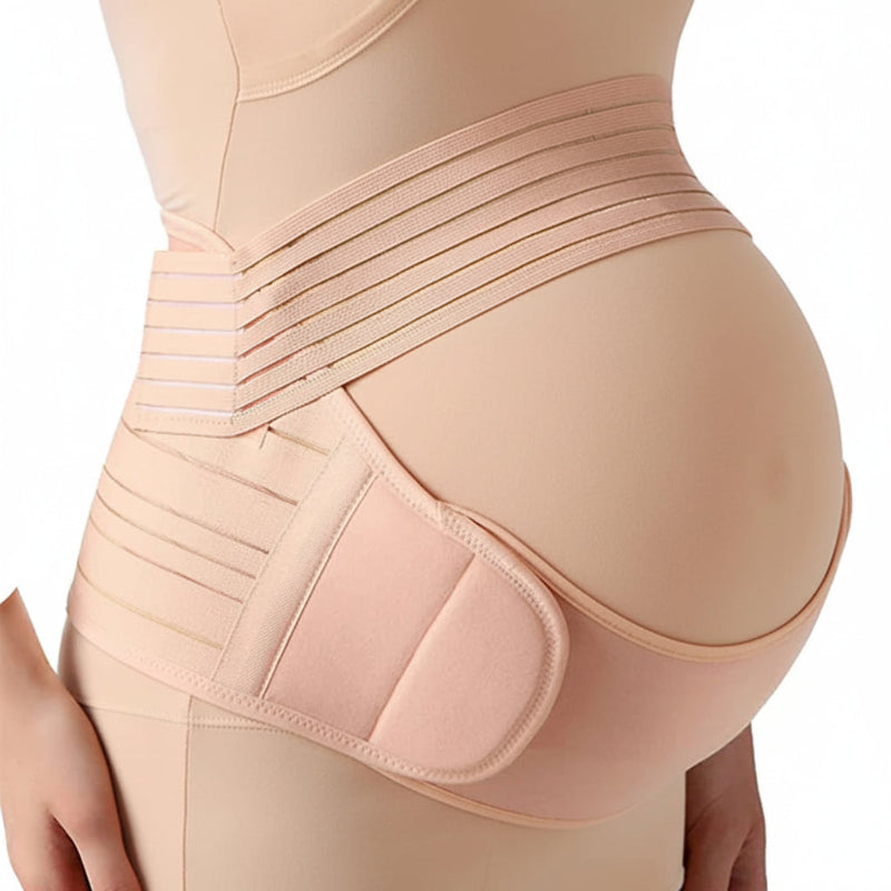 Beige maternity belt worn by a person on a white background
