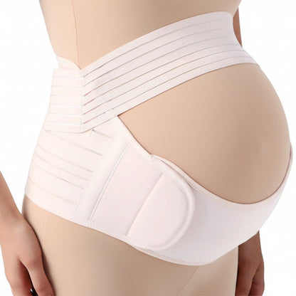 Pregnant person wearing a white maternity support belt on a white background