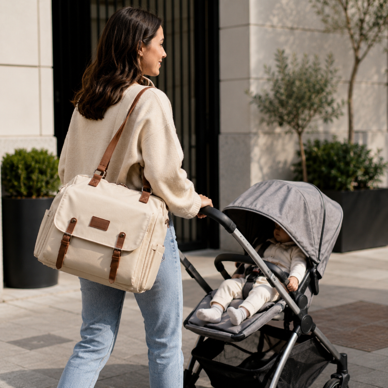 Woman pushing a stroller with a baby and carrying a beige bag on a city street.