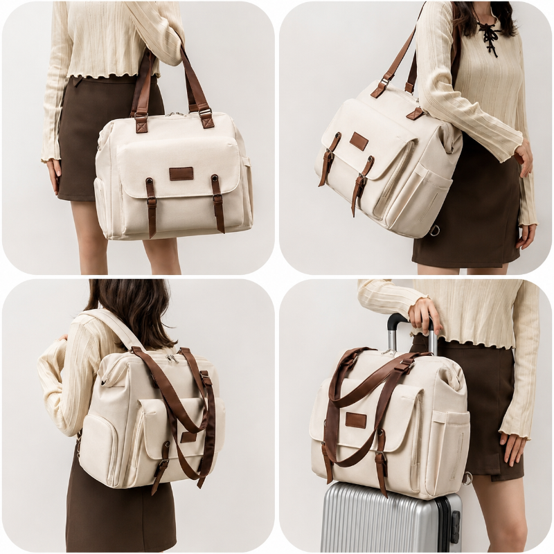 Collage of a person holding and using a beige travel bag with brown straps on a plain background.