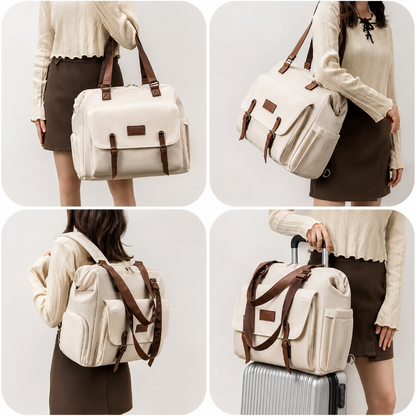 Collage of a person holding and using a beige travel bag with brown straps on a plain background.