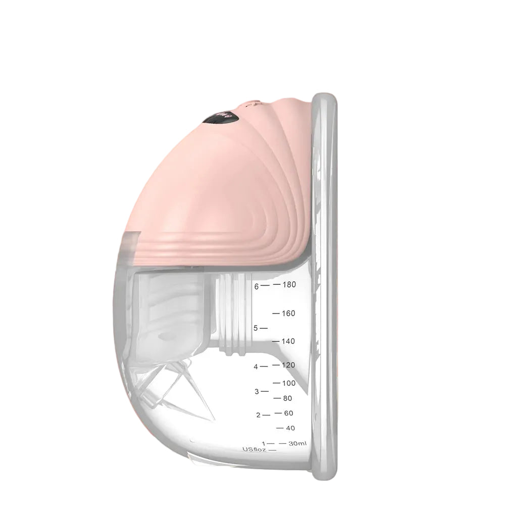 Pink and clear 180ml measuring breast pump on white background