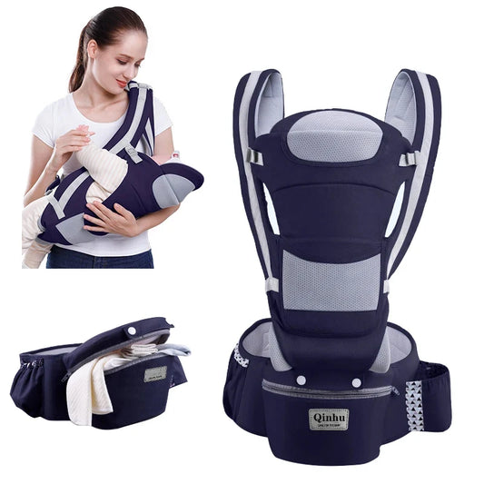 Ergonomic hip seat baby carrier in grey with 3-in-1 all-season design