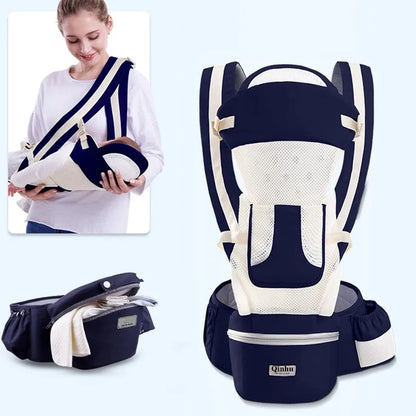 Ergonomic hip seat baby carrier designed for newborn to toddler stages
